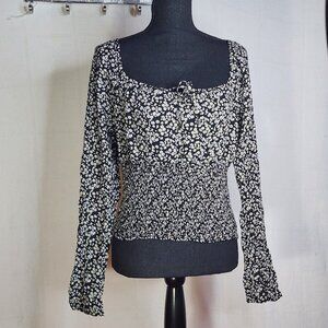 Polly & Esther Black White Yellow Floral Smock Drop Shoulder Milkmaid Top Jr XL